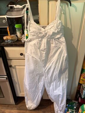 White Ruched Bodice Tie-Strap Jumpsuit